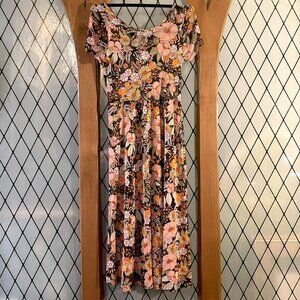 Megumi Dress in Midnight Moon Floral Cap Sleeve Mesh Overlay Dress